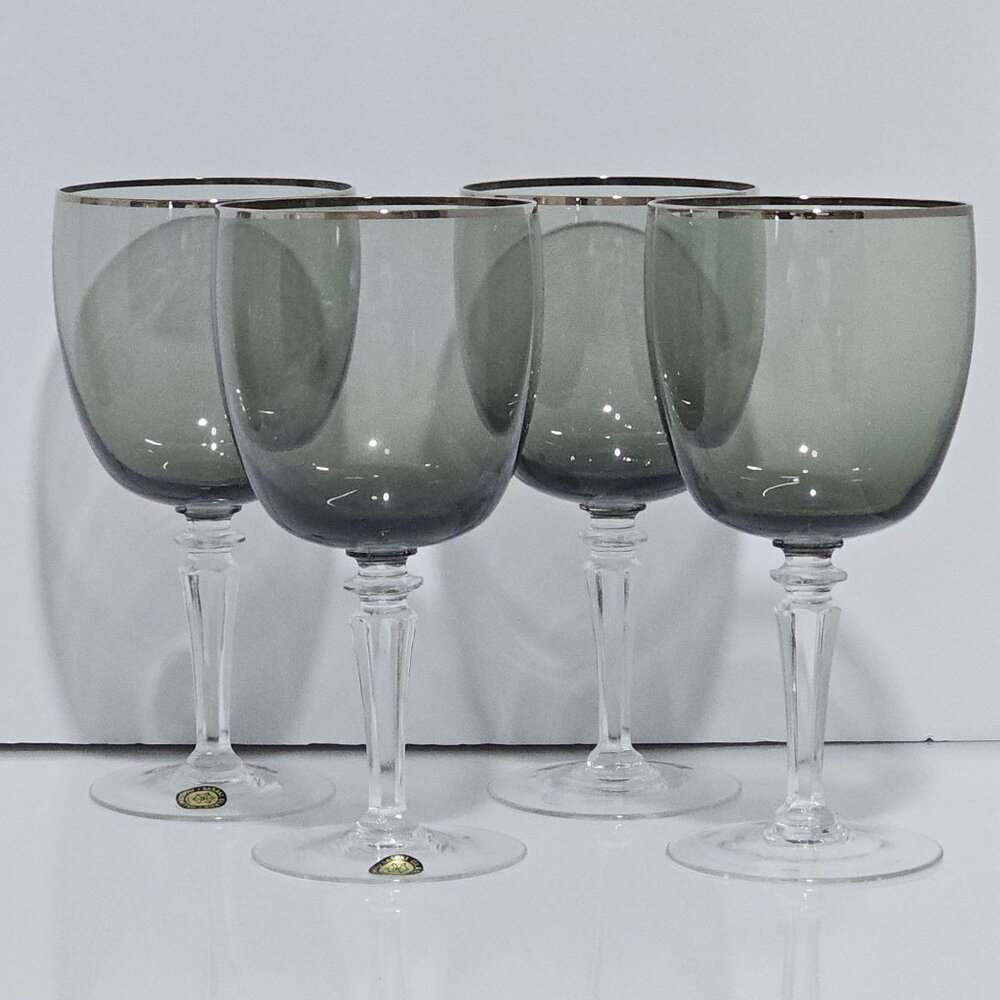 4 Sasaki Platinum Rim Grey Water Glasses 7" silver luxury mid century modern
